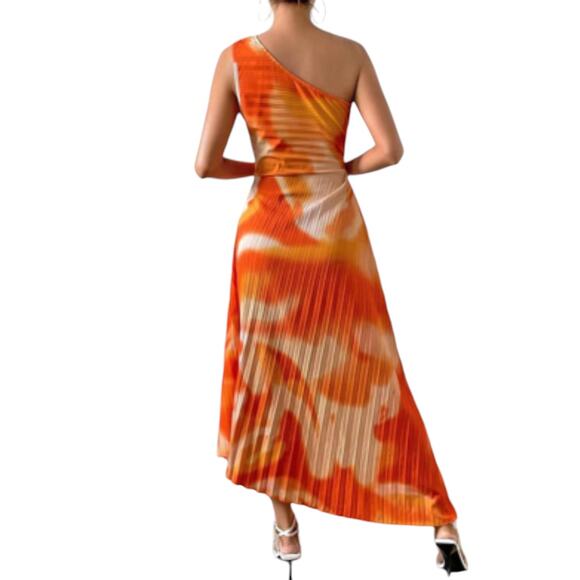 One Shoulder Dress, Maxi, Asymmetrical Neckline, Shein, L, Orange White - Picture 2 of 6